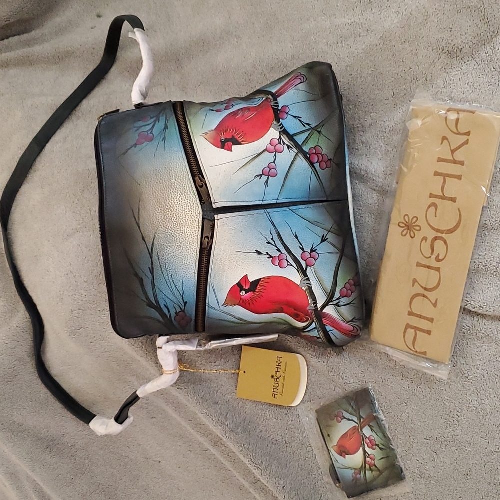 Anuschka hand painted blue Leather  Handbag Winter Cardinals with wallet